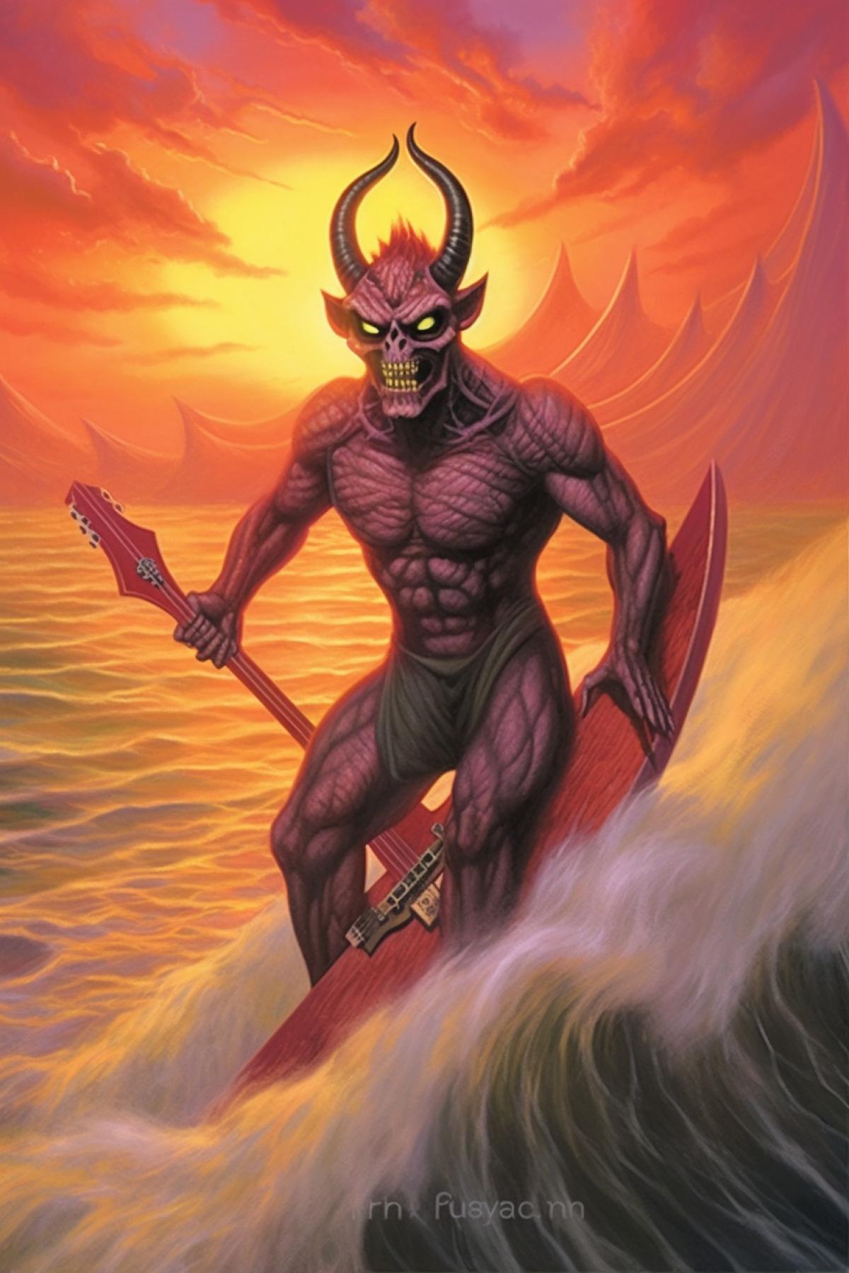 Surfer in hell, hellish waves, fire, devils, ominous light