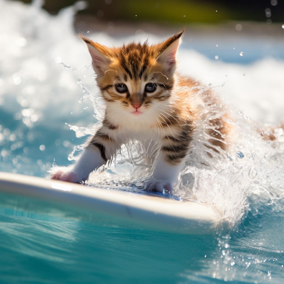 Cute kitten surfer conquers the wave