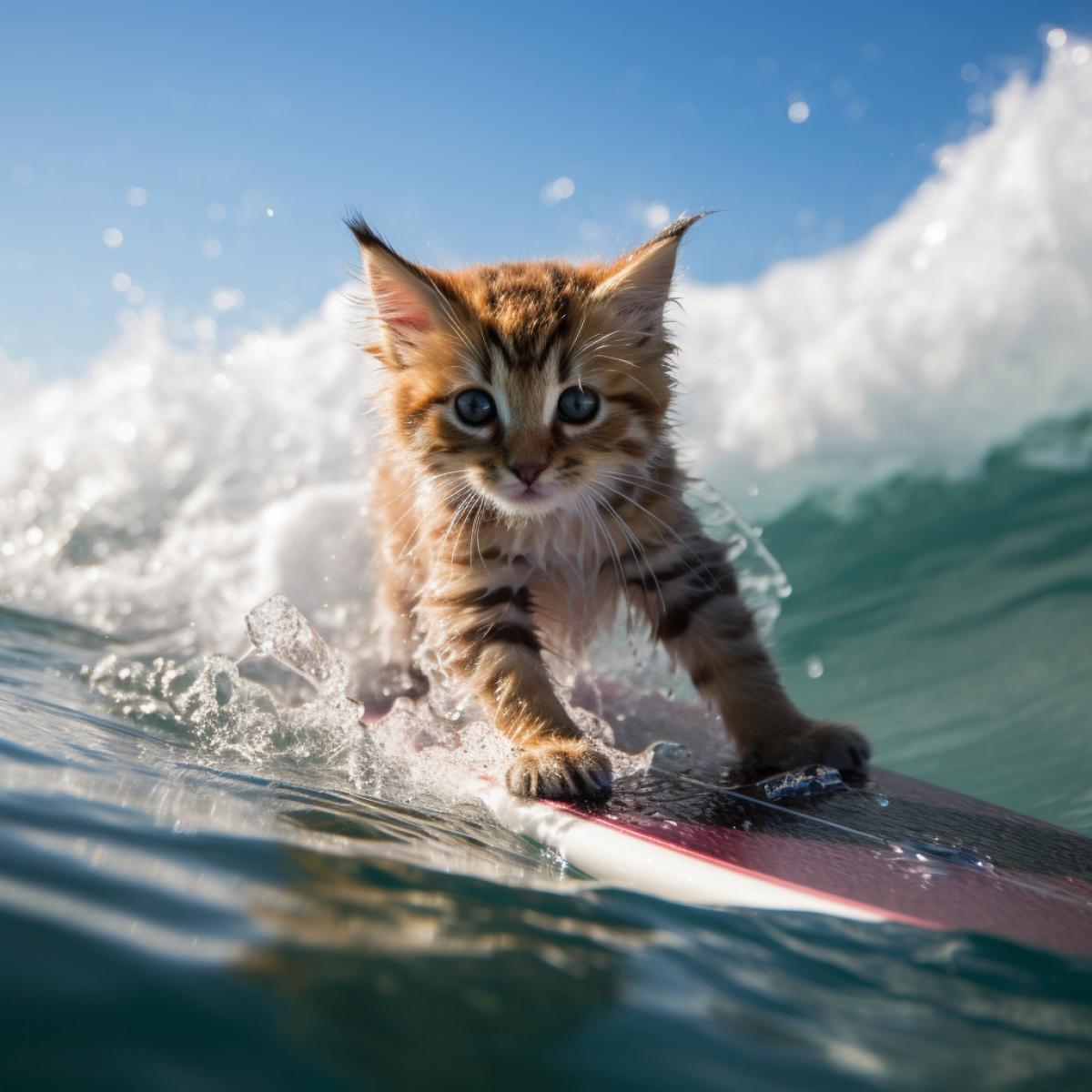 Cute kitten surfer conquers the wave