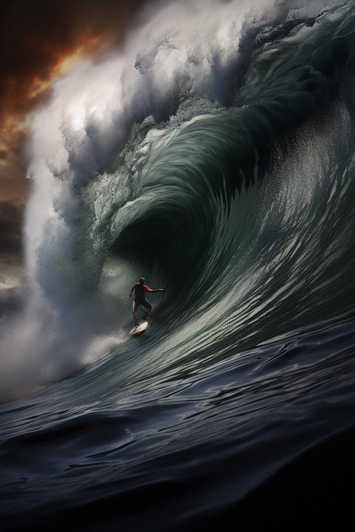 Against a dramatic, stormy sky, a fearless surfer takes on a colossal wave, embodying the boldness required to challenge the worlds most powerful surf breaks. :: Expanding on this, the surfers audacity is truly on display as they confront the immense power of the ocean. The dark, brooding clouds overhead contrast sharply with the raging sea, underscoring the bravery it takes to ride such massive waves. This image encapsulates the adrenaline rush and unwavering determination that drive surfers to seek out the most formidable breaks, where the line between triumph and danger blurs.