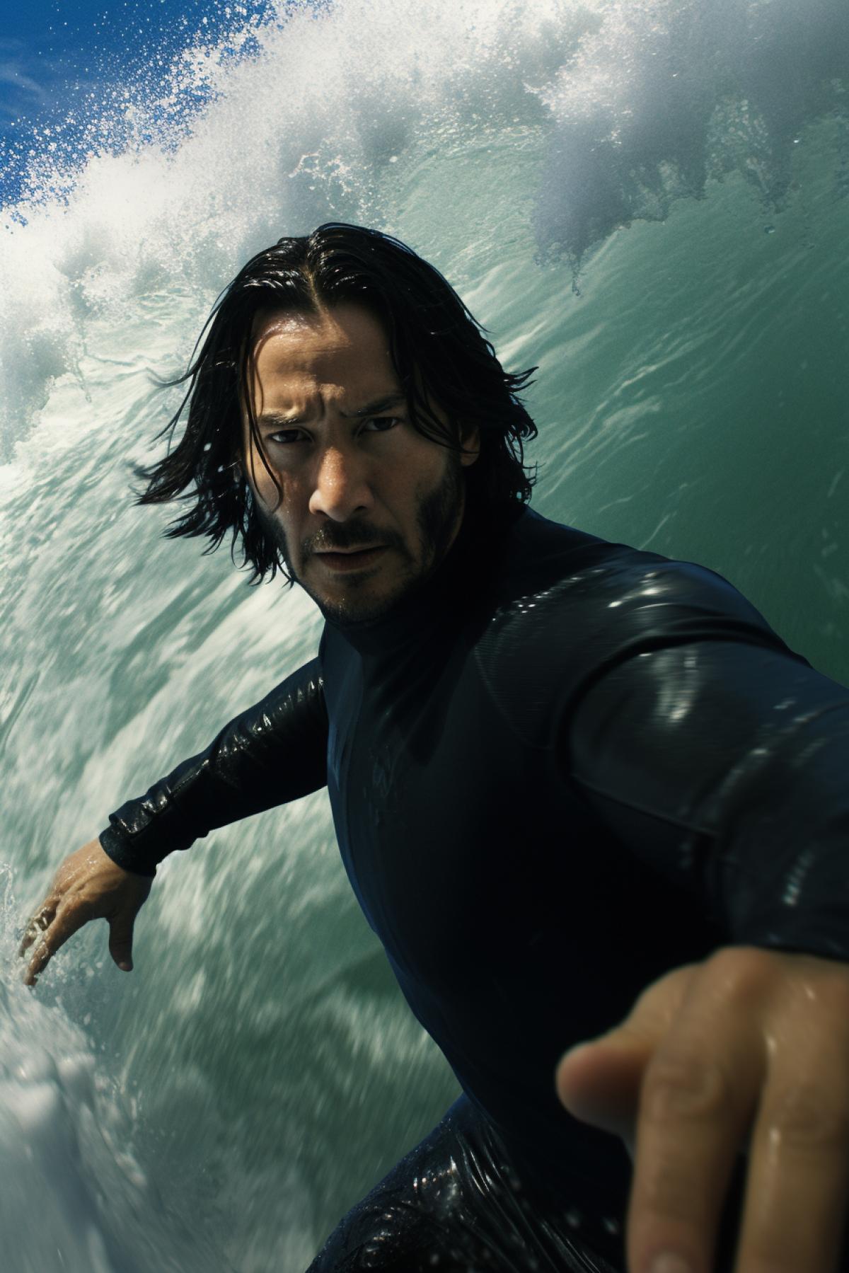 Keanu reeves in waves at the point break in wachowski matrix saga