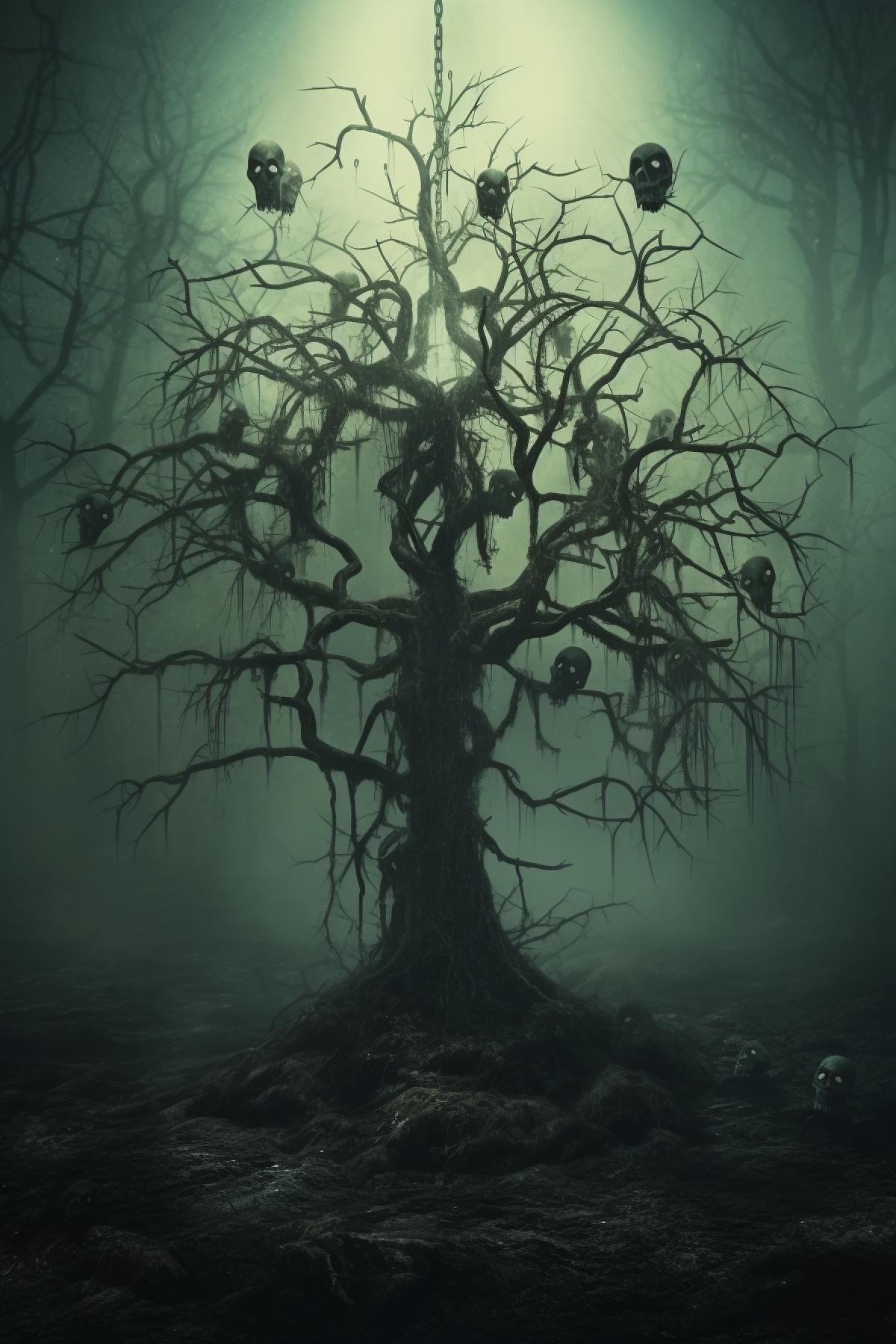 Strange Tree with hangmen, wonderland, dark fairytale, Halloween theme, fog, creepy, gothic, cinematic, atmospheric, dramatic