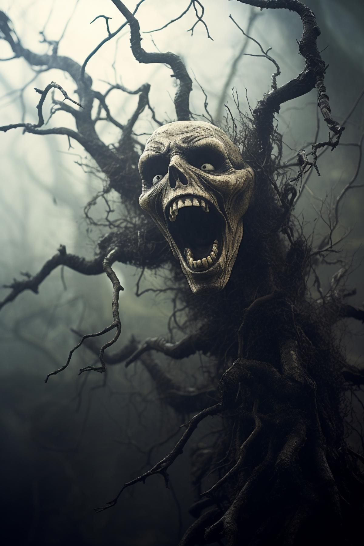 Strange tree has screaming face, wonderland, dark fairytale, Halloween decorations, fog, creepy, gothic, cinematic, atmospheric, dramatic
