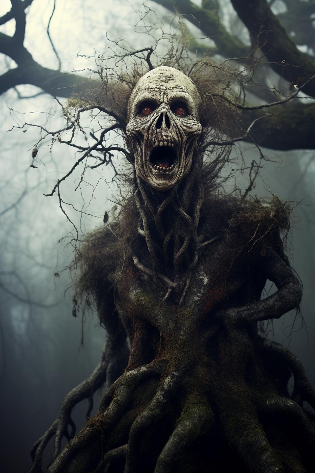 Strange tree has screaming face, wonderland, dark fairytale, Halloween decorations, fog, creepy, gothic, cinematic, atmospheric, dramatic