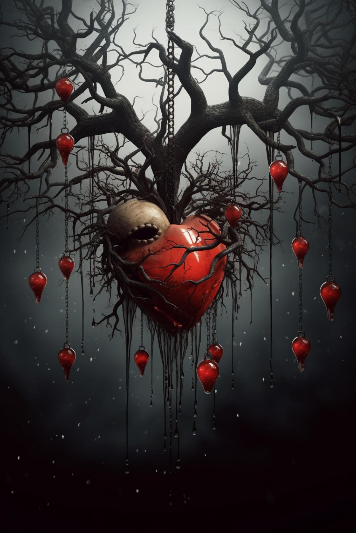 Strange tree with realistic human heart, tears drops, wonderland, dark fairytale, Halloween stuff decorations, fog, creepy, gothic, cinematic, atmospheric, dramatic
