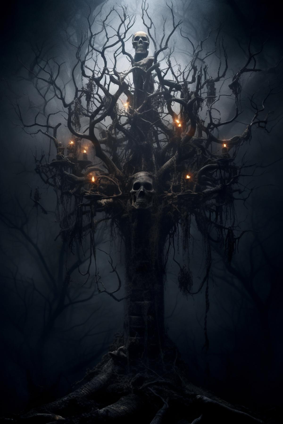 Strange Tree with corps of hangmen, wonderland, dark fairytale, Halloween decorations, fog, creepy, gothic, cinematic, atmospheric, dramatic
