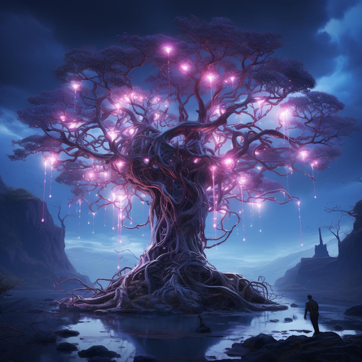 strange tree, cyberpunk, mystic, atmospheric
