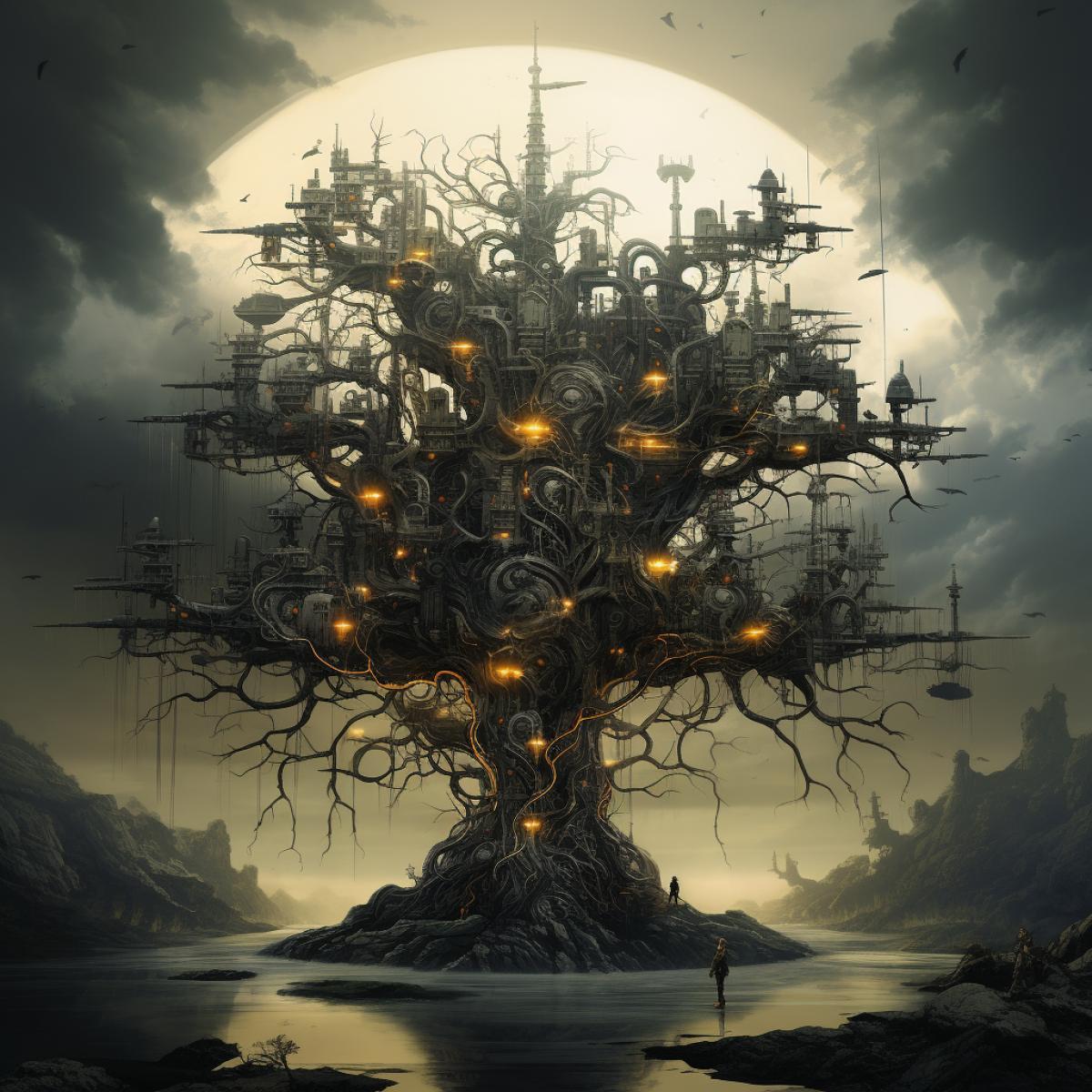 strange tree, cyberpunk, mystic, atmospheric