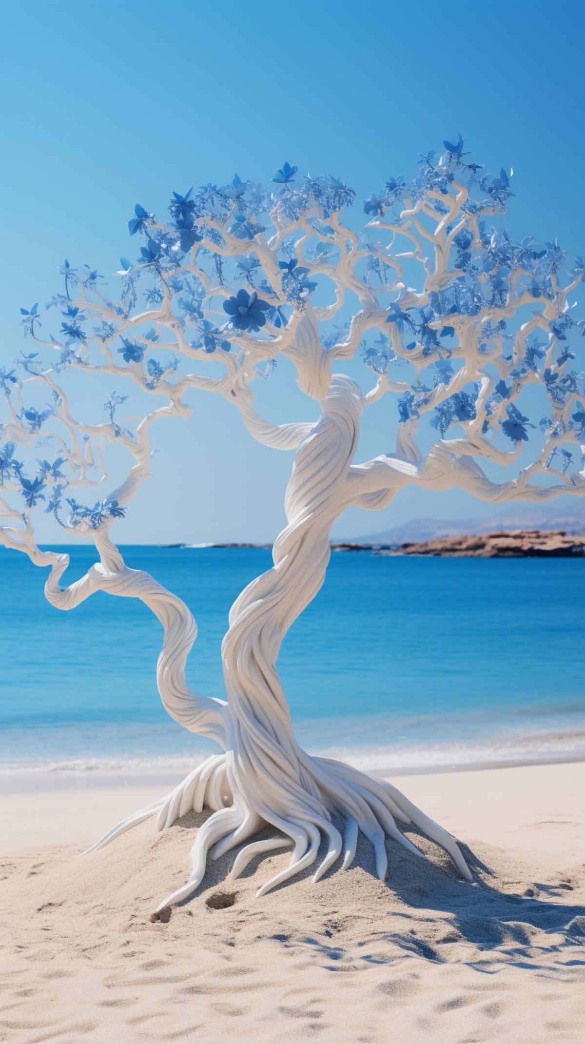 An incredibly beautiful crooked and gnarled white tree with blue leaves on a sandy beach.