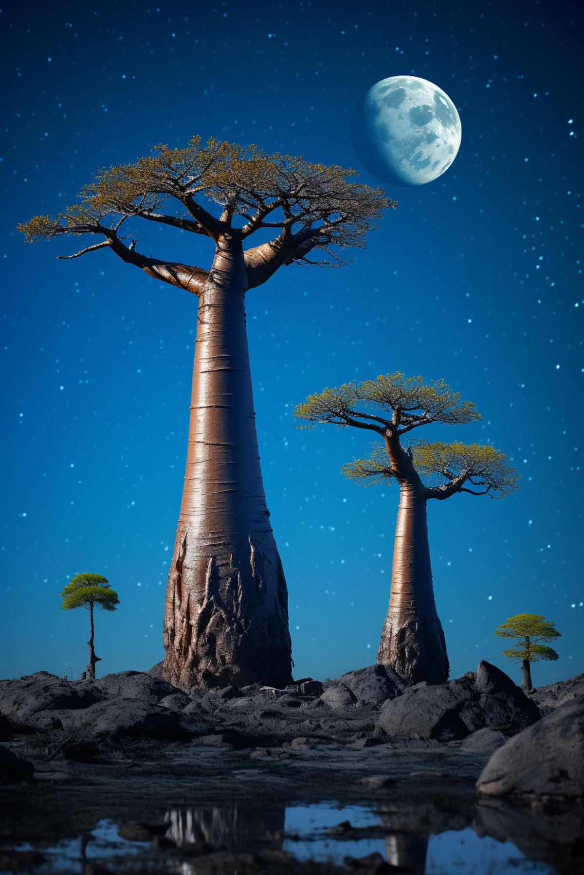 Three baobabs growing on very small asteroid destroying it with their roots little prince weeping