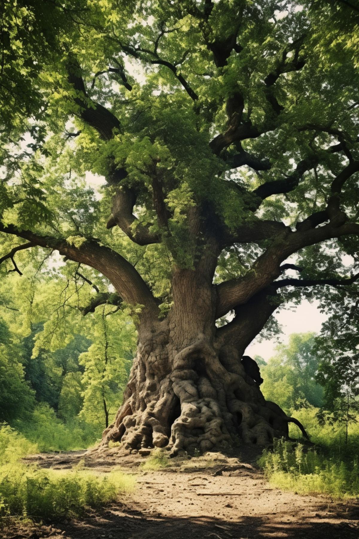 Big old oak in summer forest all inhabited with million different kinds and jolly forest animals