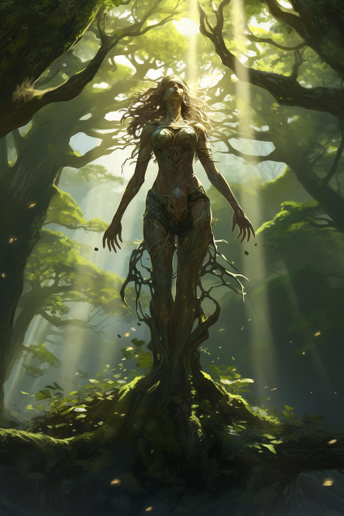 Dryad in her natural environment giant thick trees around