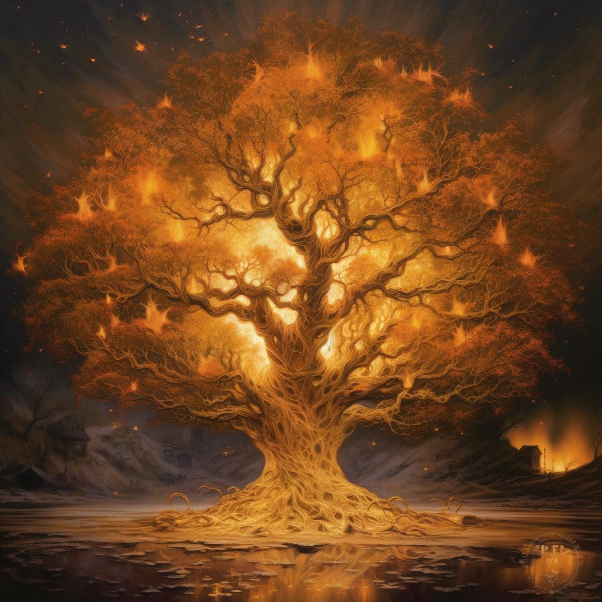 Unusual tree, burning golden leaves, dusk, magical rituals