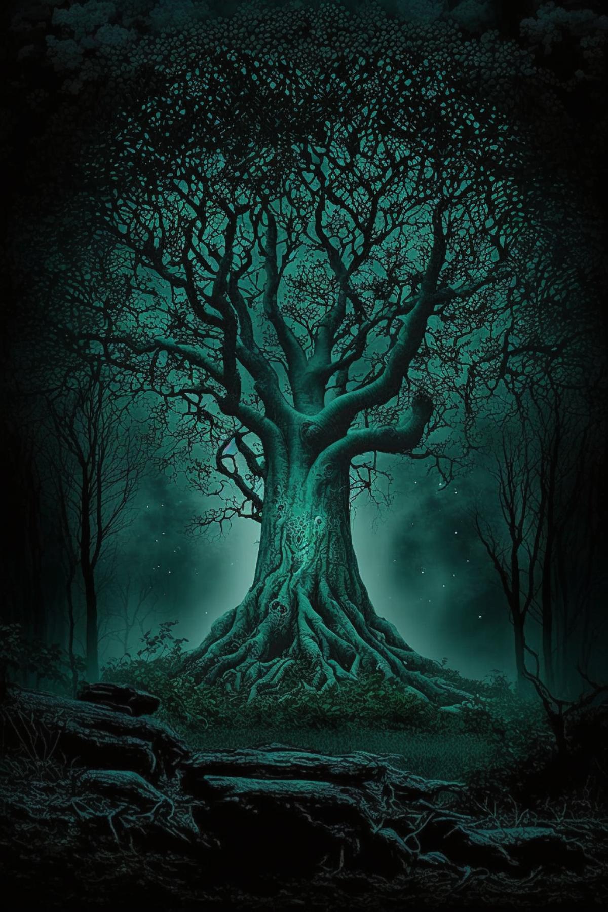 a mysterious tree in a dense dark forest is imbued with ominous magic and mystery