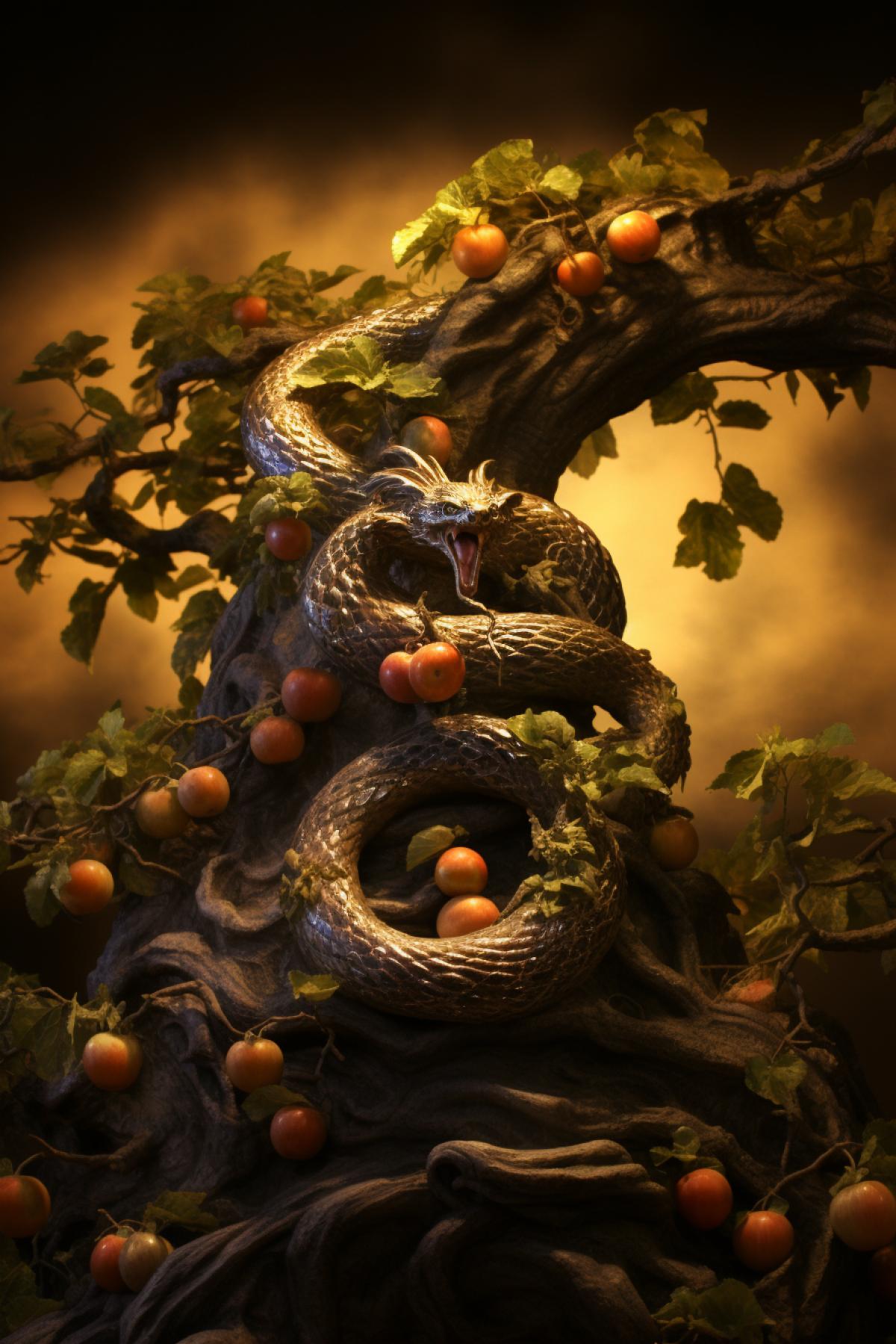 The Paradise Tree of Knowledge, which is entwined with serpents :: biblical Eve eats an apple, photorealism, beautiful light, atmospheric