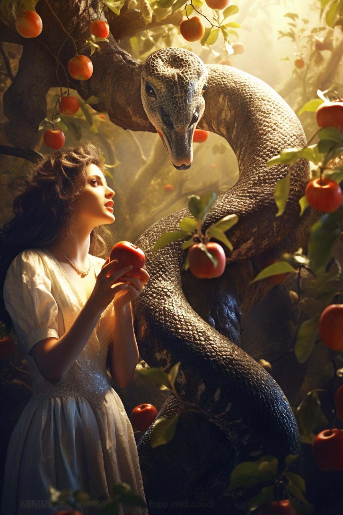 The Paradise Tree of Knowledge, which is entwined with serpents. biblical Eve in a light dress eats an apple, photorealism, beautiful light, atmospheric