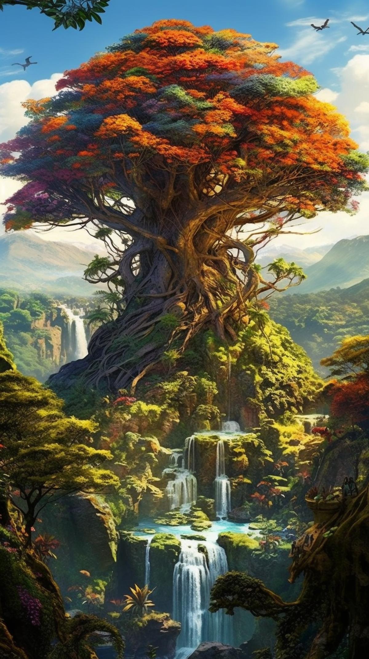 Avas tree of life from the movie Avatar. Very beautiful, picturesque, colorful, panoramic, realistic