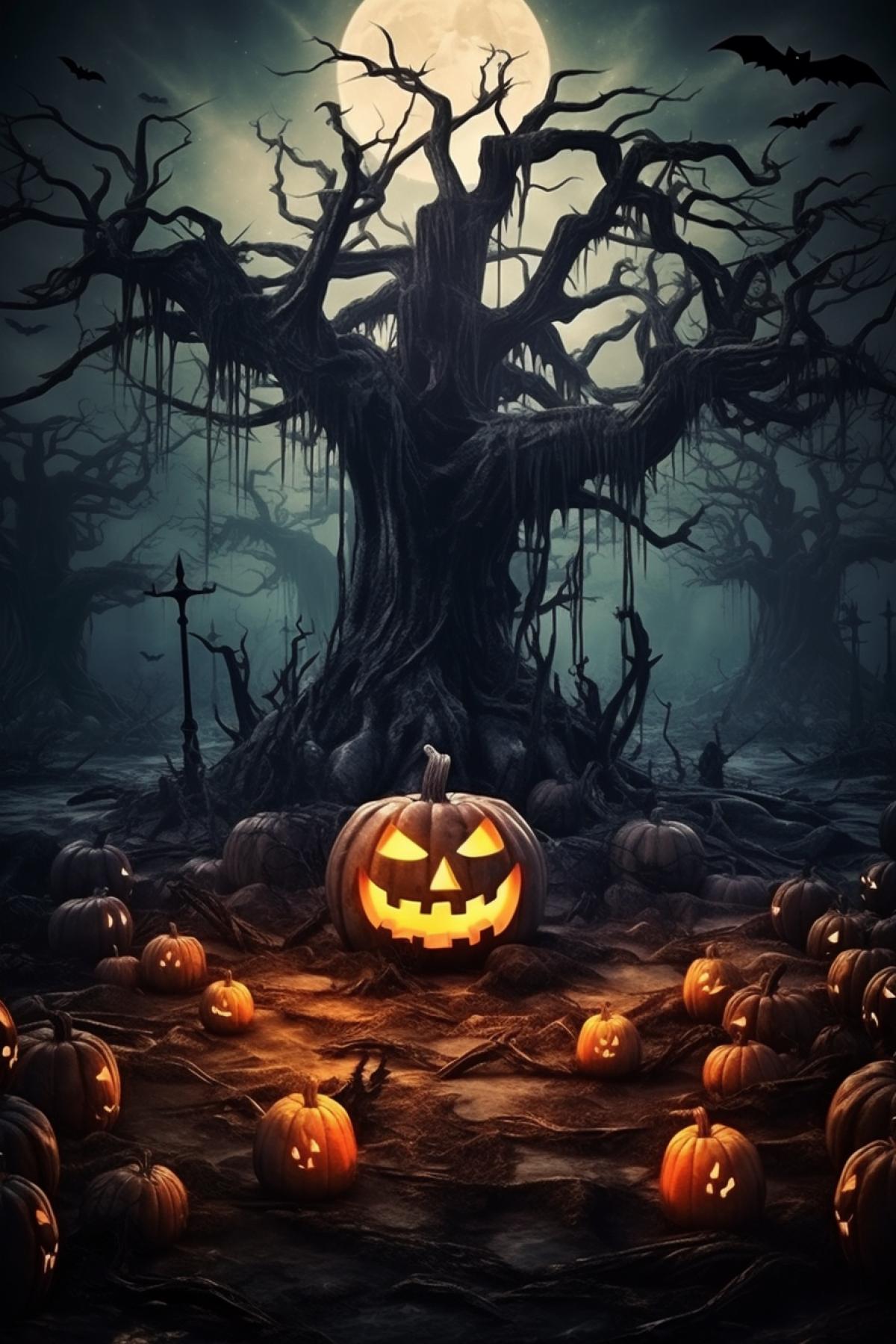 Halloween magic strange tree. Halloween pumpkins on the graves on background , mystical, darkness, autumn, October, atmospheric, horror, photorealistic