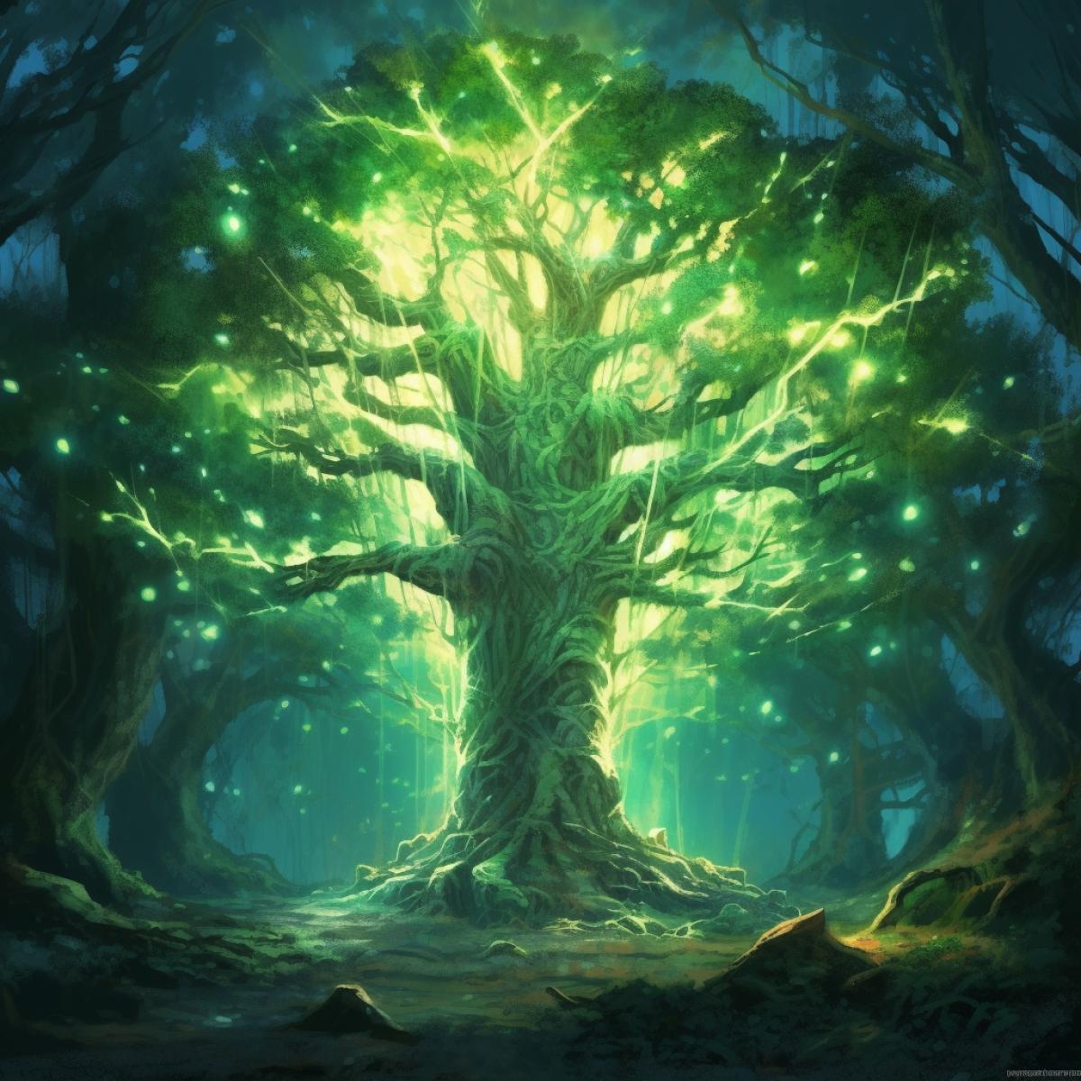 large tree with thick green leaves, glowing bark on the tree, Parallel world, shine, clear picture