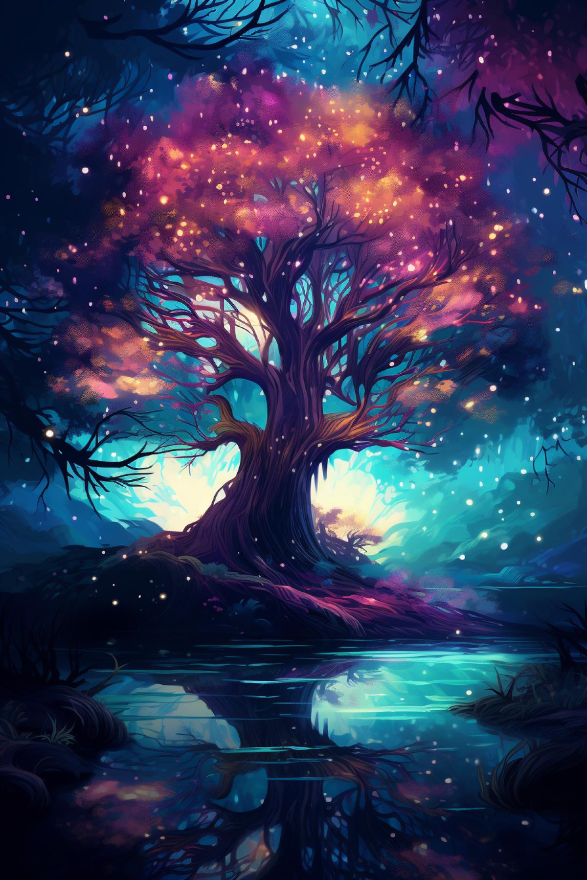 a starry sky with a tree in the water, in the style of dreamlike fantasy creatures, dark magenta and blue, transcendental art, gigantic scale, vibrant energy, feralcore