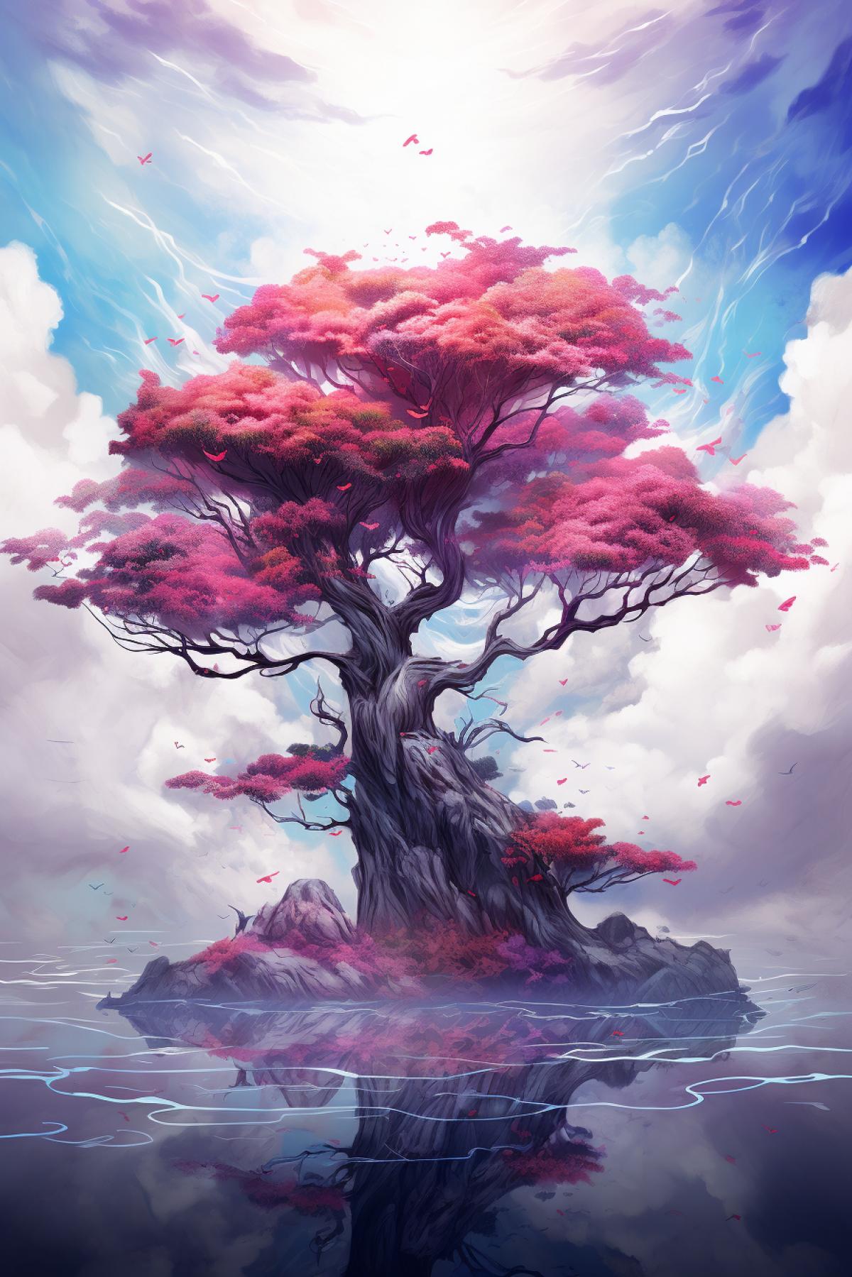 A drawing of a tree on an island filled up with clouds, in the style of colorful fantasy realism, yuumei, light gray and magenta
