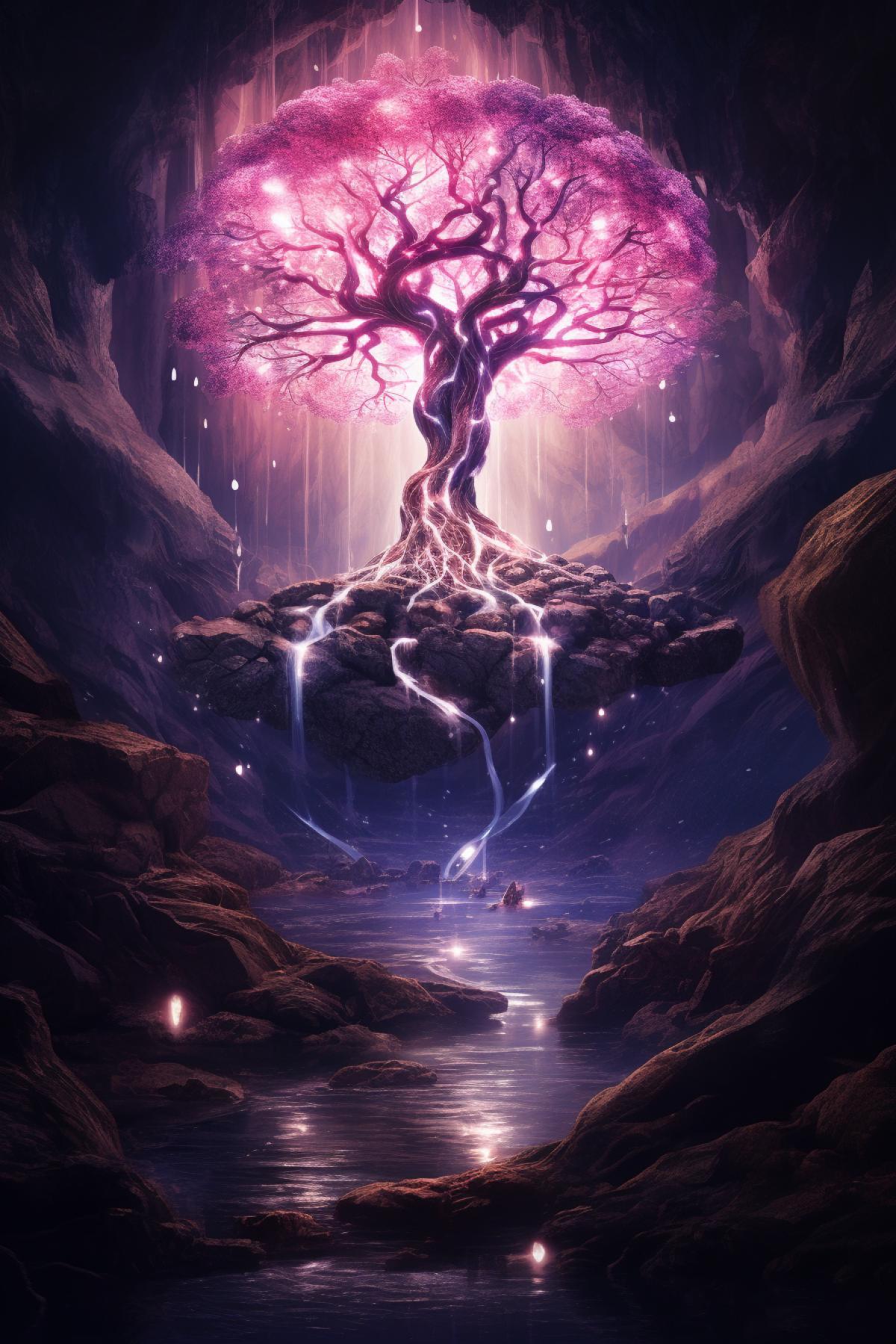 infinity tree inside a cave with pink light shining from it, in the style of alchemical symbolism, multilayered realism, angelcore, dreamy realism, i cant believe how beautiful this is, spiritual resonance
