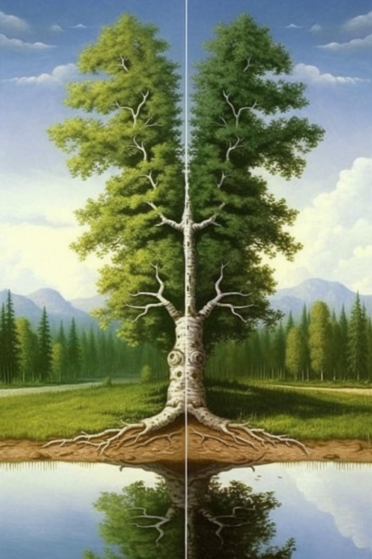 two trees, birch and pine, intertwined their trunks, entwined each other and grew together like one tree