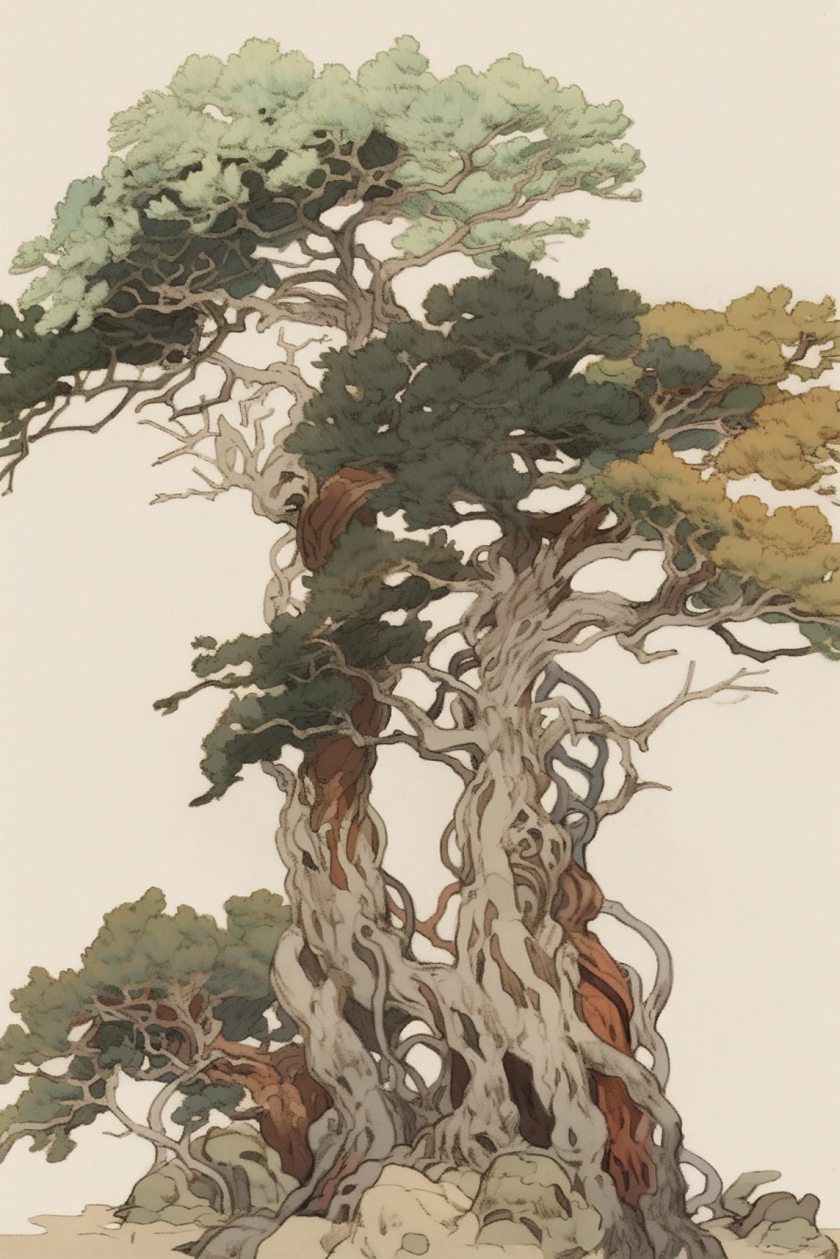 two different trees, deciduous and coniferous, intertwined their trunks, entwined each other and grew together, like one tree, on whose branches leaves and coniferous needles grow mixed