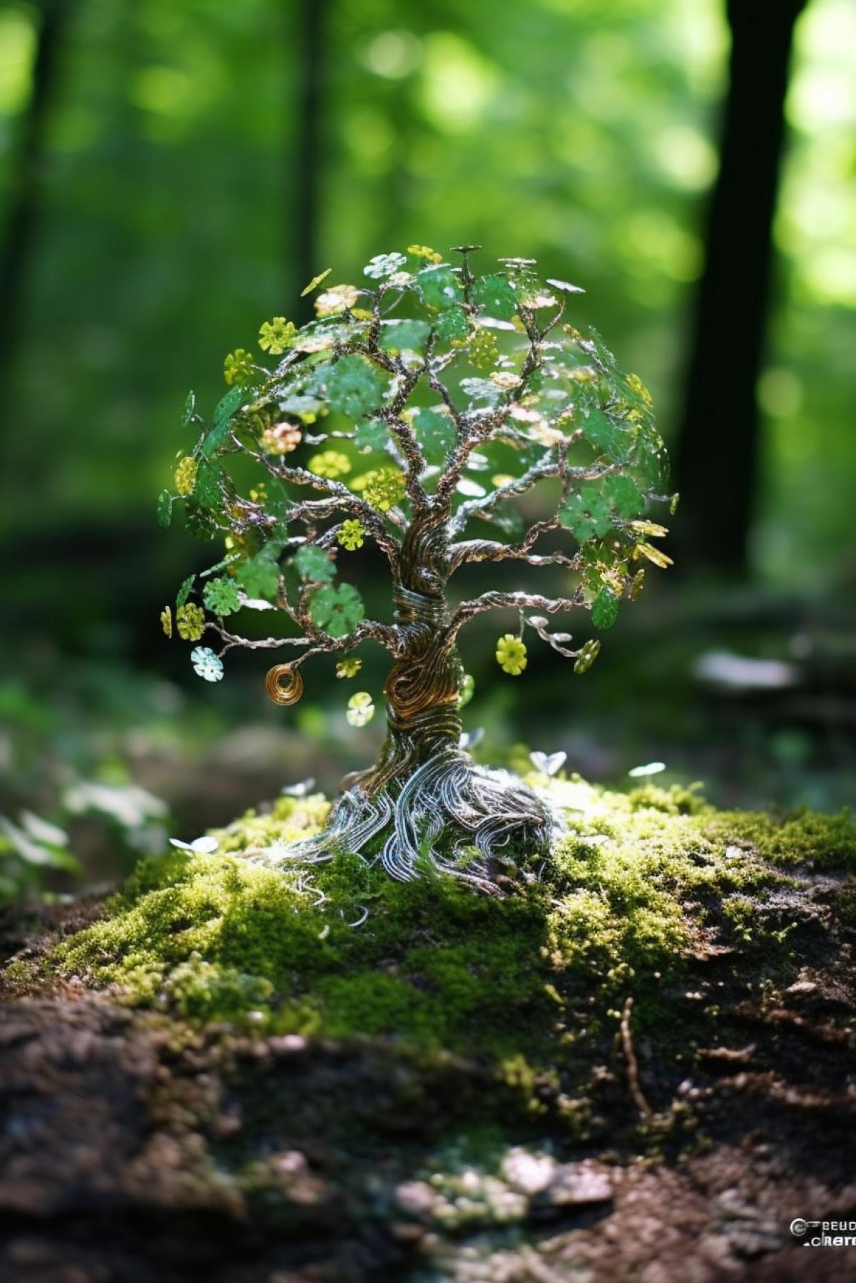 Fantasy jewelry precious tree made of metal and semi-precious stones, in a reserved fairy-tale clearing in the forest