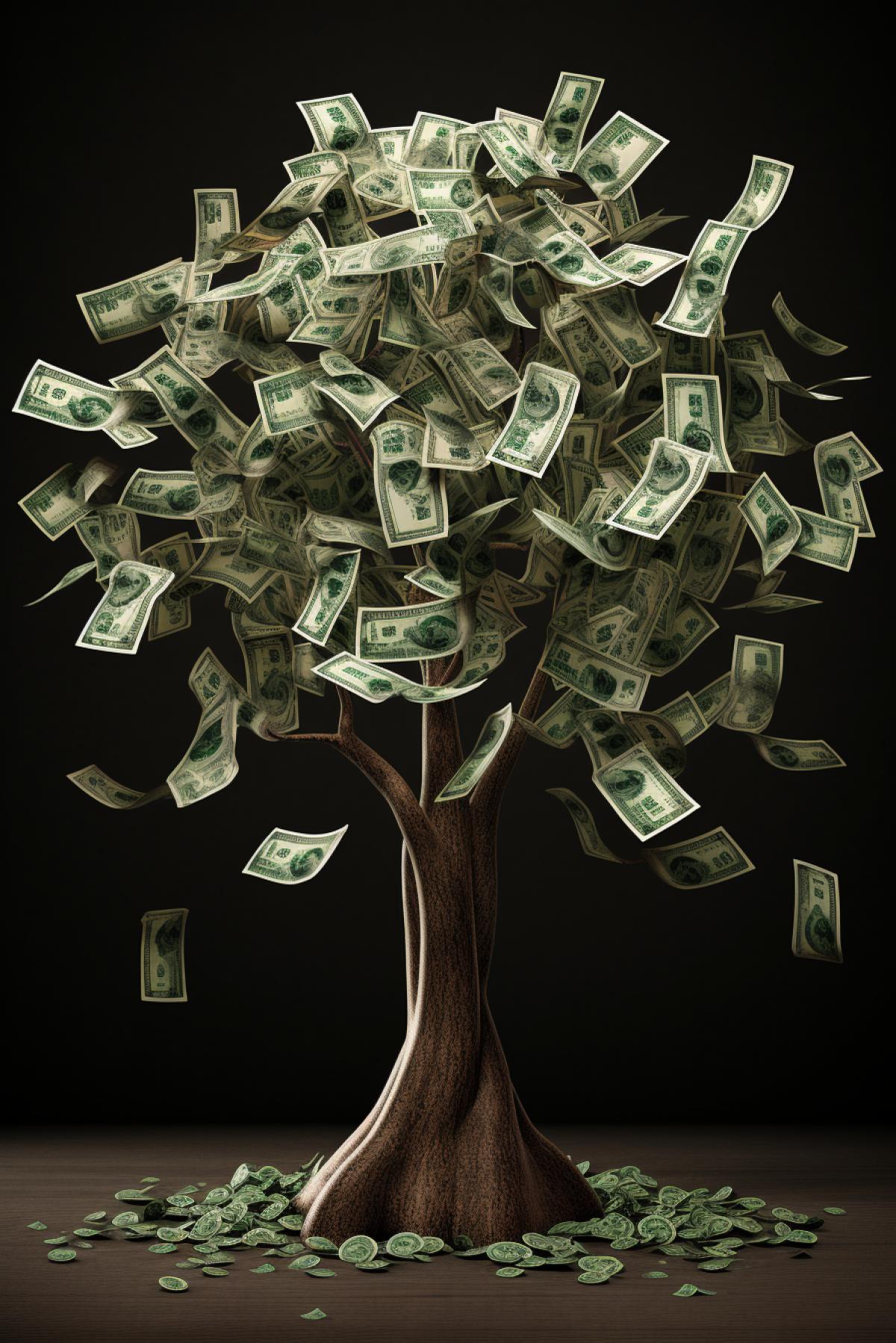 an illustration of a money tree with dollars flying obnoxiously, in the style of light green and dark brown, canon ef 85mm f/1.2l ii usm, large-scale murals, intricate weaving, flickr, associated press photo