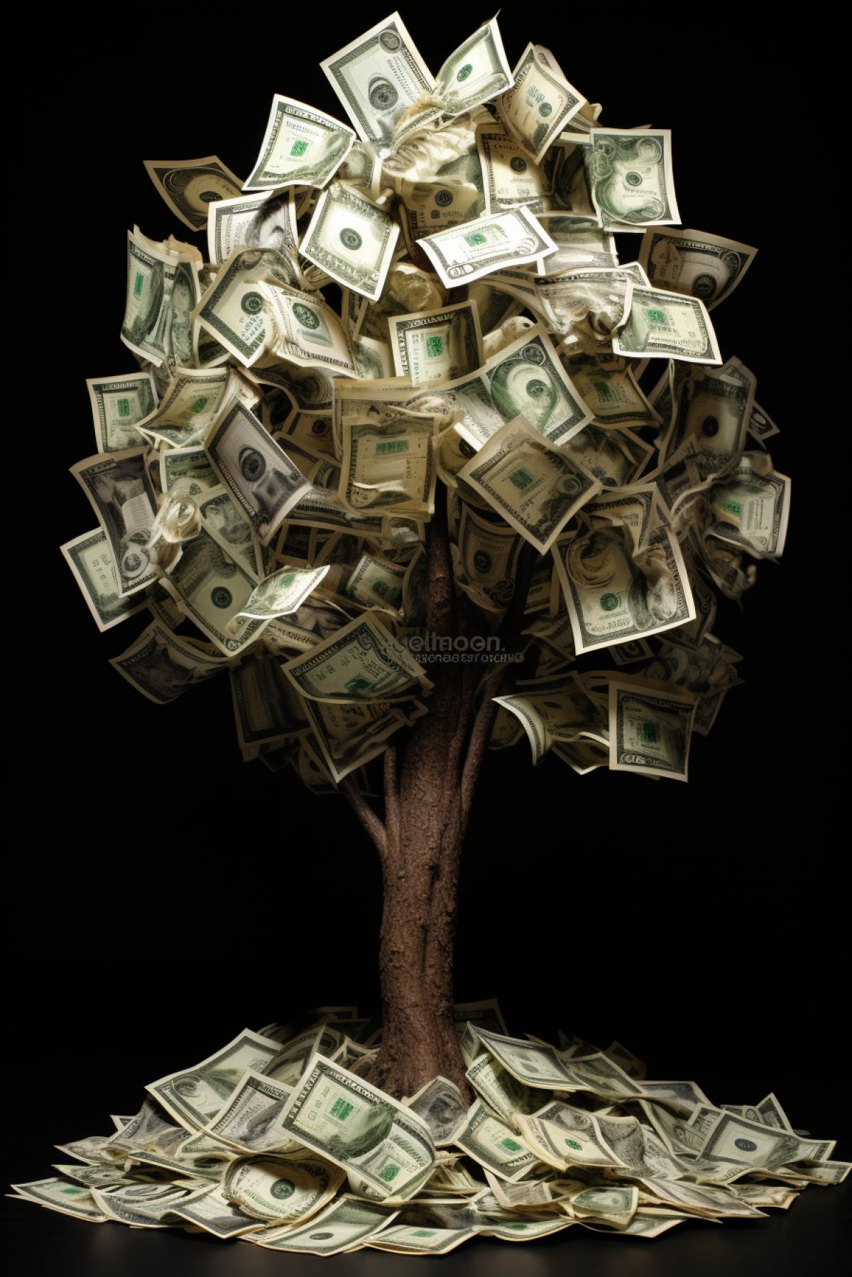 an image of a tree full of dollar bills, in the style of collaged symbolism, washed-out, delicate paper cutouts, kodak vision3 250d, tangled nests, flickr, stark honesty
