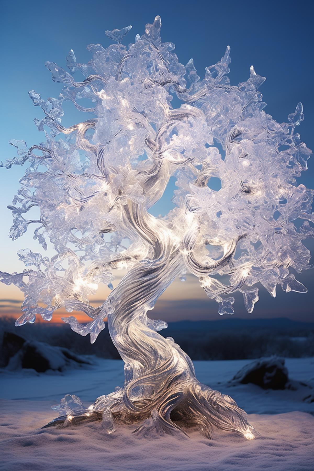 Crystal ice tree, magic, beautiful light, atmospheric, photorealistic