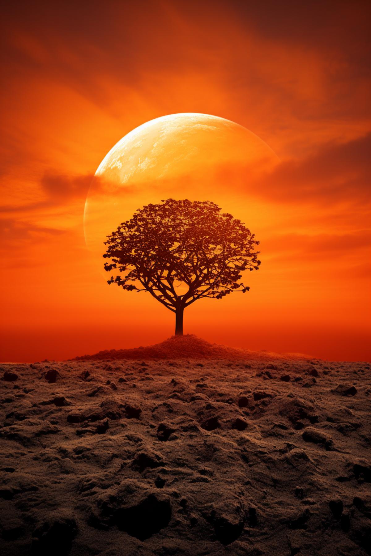 Orange high tree on the orange planet with orange skies send orange bright sun use only orange palette breathtaking beautiful photo