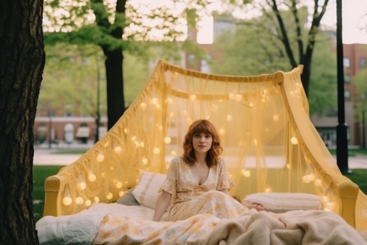 Girl on a bed in the middle of the park, in the shade of trees, shaggy girl