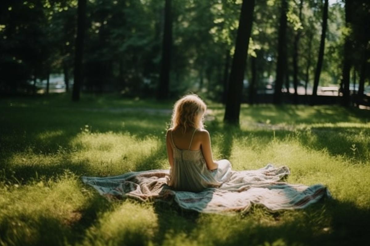 Girl on a bed in the middle of the park, in the shade of trees, shaggy girl