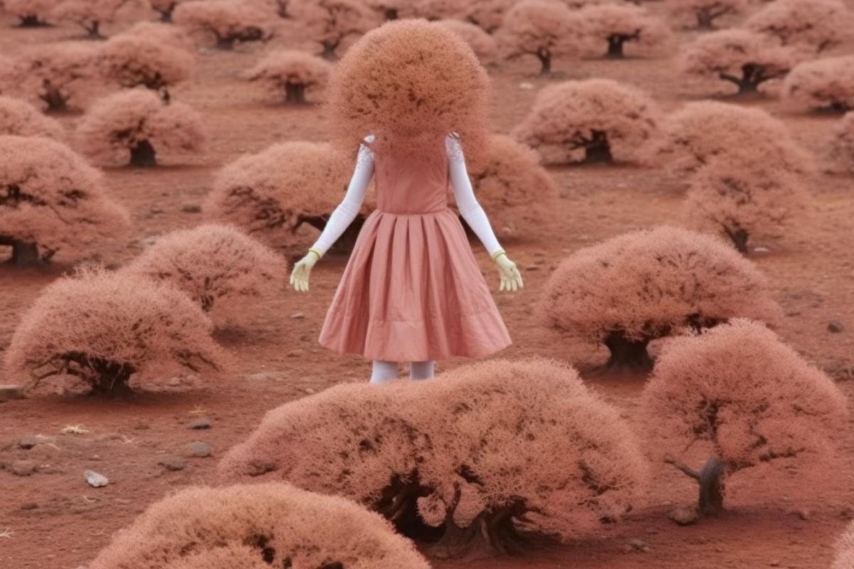 Alien woman in Martian park, beautiful nature of Mars
