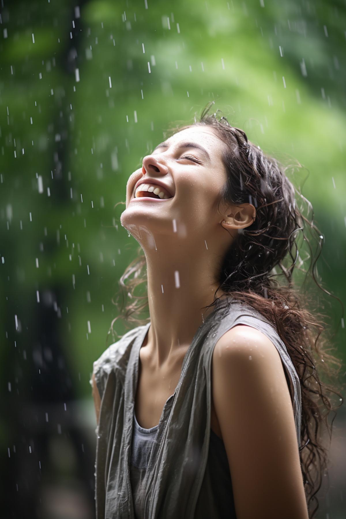 The most beautiful 25-year-old girl full height under rain in the park her face is raised so that rain jets falling upon face she is happy smiling thinking of love