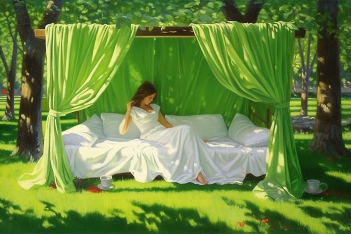 Girl on a bed in the middle of the park, in the shade of trees, shaggy girl