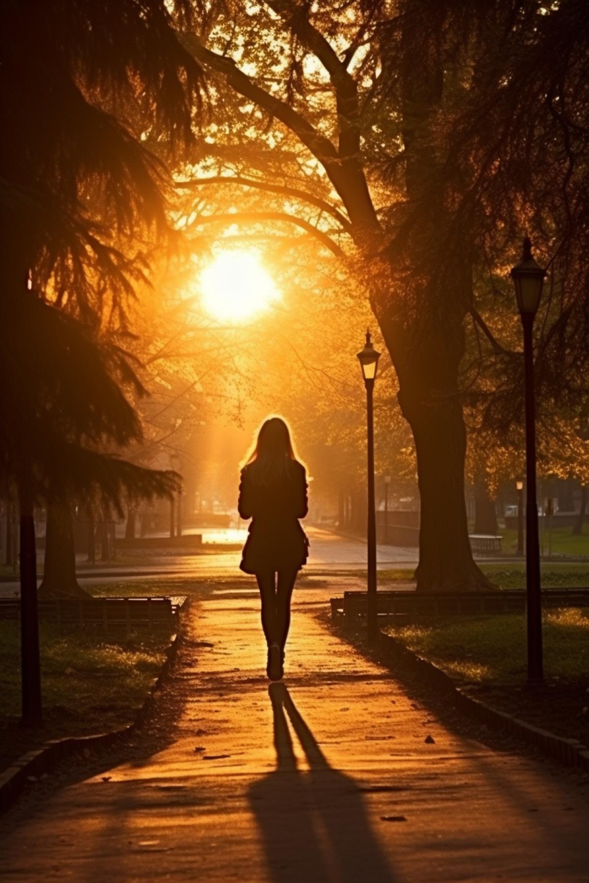 Silhouette of the girl walking away in the city park against the sun morning sunrise awarded photo