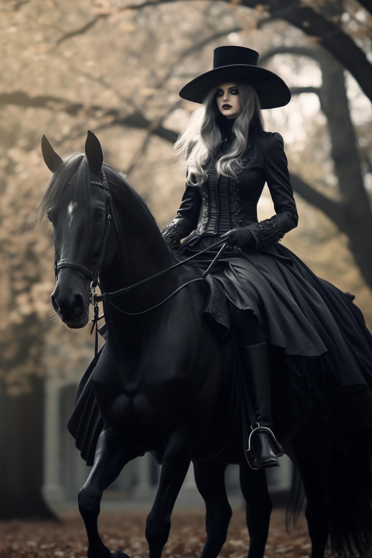 Gothic Victorian girl riding on the horse in the park, full body, October, autumn, atmospheric, photorealistic