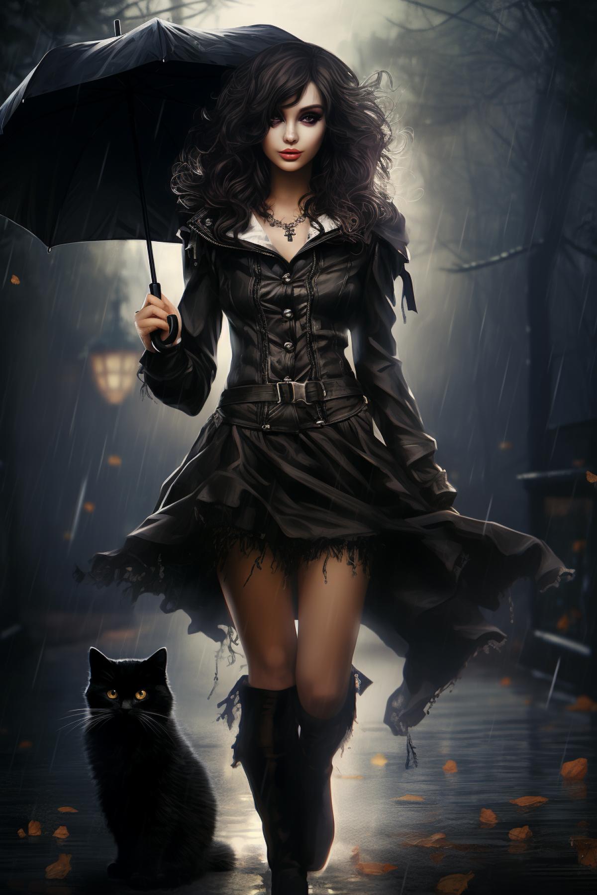 Gothic luxury girl and dark cat walking to the park, full body, October, autumn, raining, atmospheric, photorealistic