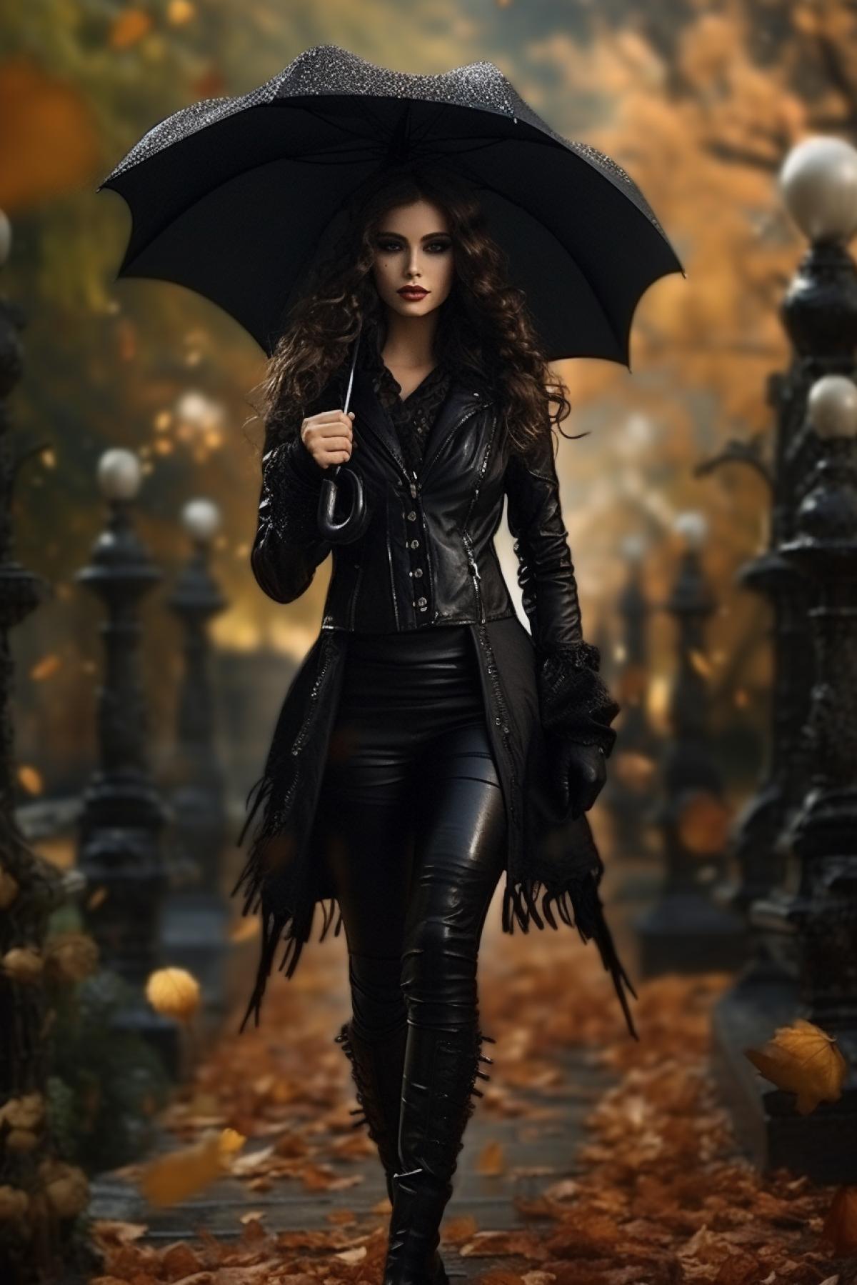 Gothic luxury girl with umbrella walking to the park, full body, October, autumn, raining, atmospheric, photorealistic