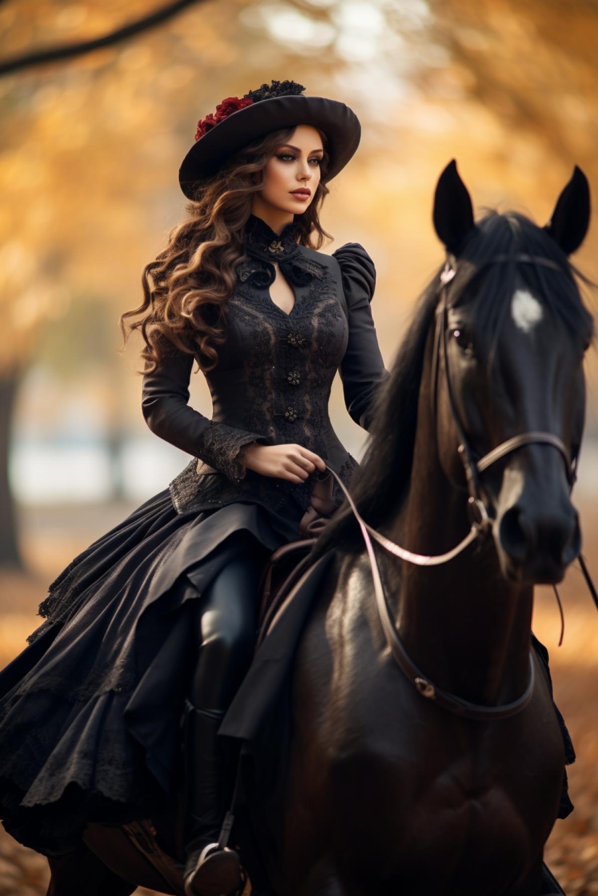 Gothic Victorian girl riding on the horse in the park, full body, October, autumn, atmospheric, photorealistic
