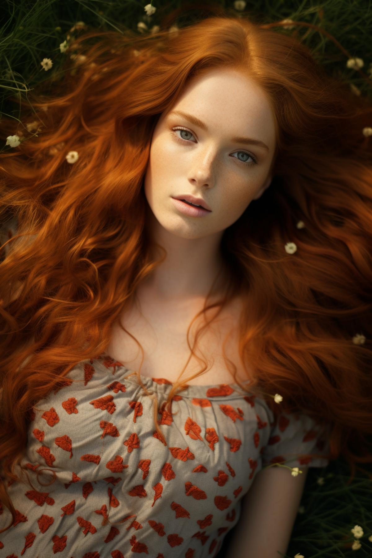 Top view, girl 20 years old, lying among tall grass, Beautiful face, gaze fixed on the night sky, atmospheric lighting, copper eyes, red hair, light dress, park, tall grass