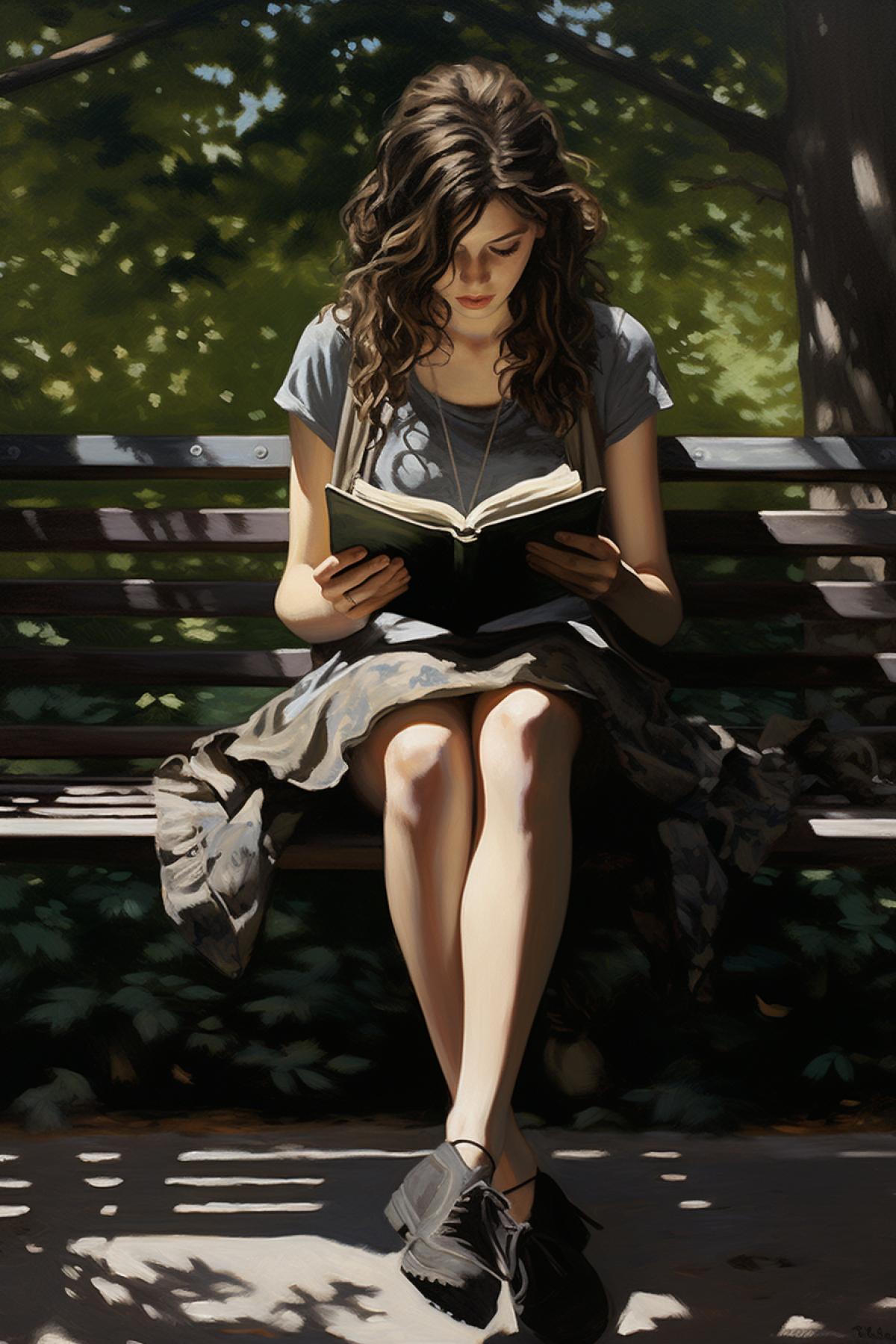 Photorealistic photo,Create an image of a girl 20 year old sitting alone on a park bench, absorbed in a book. Shadows play across their figure as they remain inconspicuous among the surrounding trees and passersby.