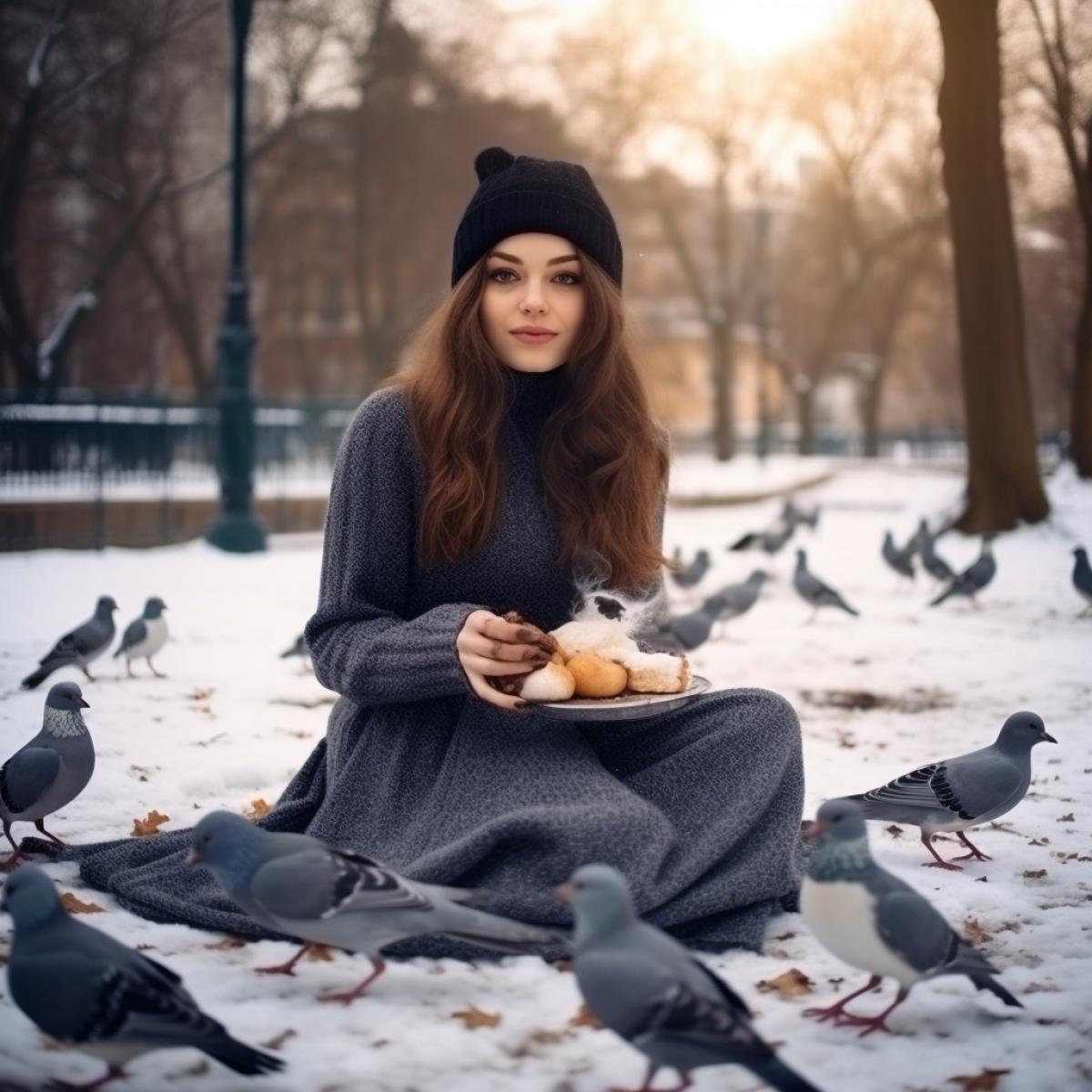 Beautiful girl in the park eats a hot dog and feeds pigeons, morning, photo