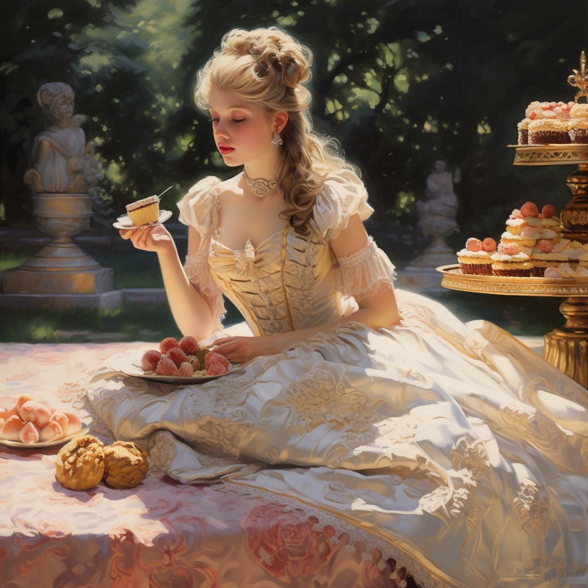 a girl of about 20 years old dressed very luxuriously as nobles in the rococo style, sitting on a plaid in a sunny park and eating intricate delightfully decorated little cakes from a large golden boyud, beautiful, dexterous , scale patterns, intricate, intricate detail, ornate,