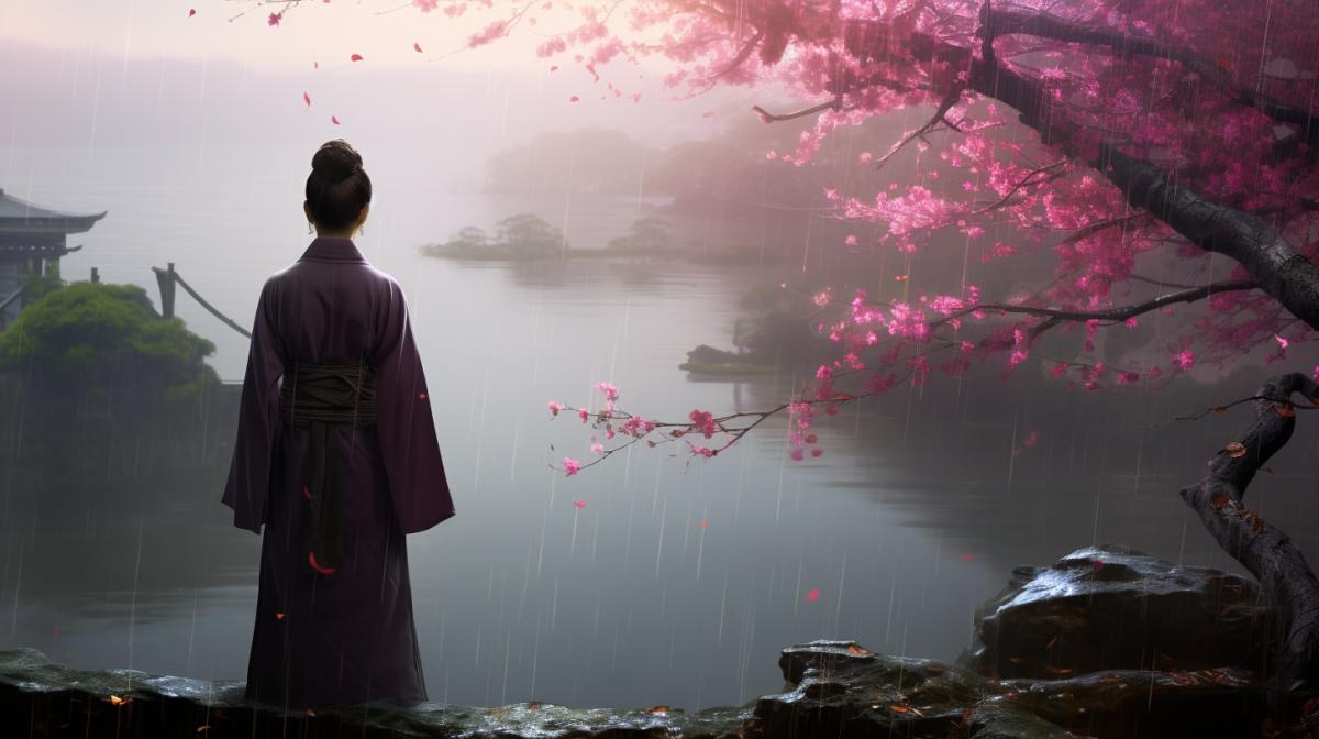 A geisha in a pink kimono with an umbrella looks out over a waterfall in a rock garden, fog, cherry blossoms, rain, view from behind, rich colors, photography, 8k resolution, ultra detailed