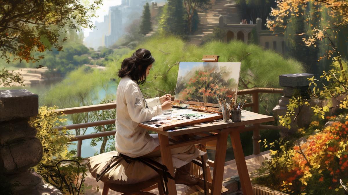 chinese garden waterfall a woman with an umbrella, watercolor painting, hyper detailed, rich colors, 4k