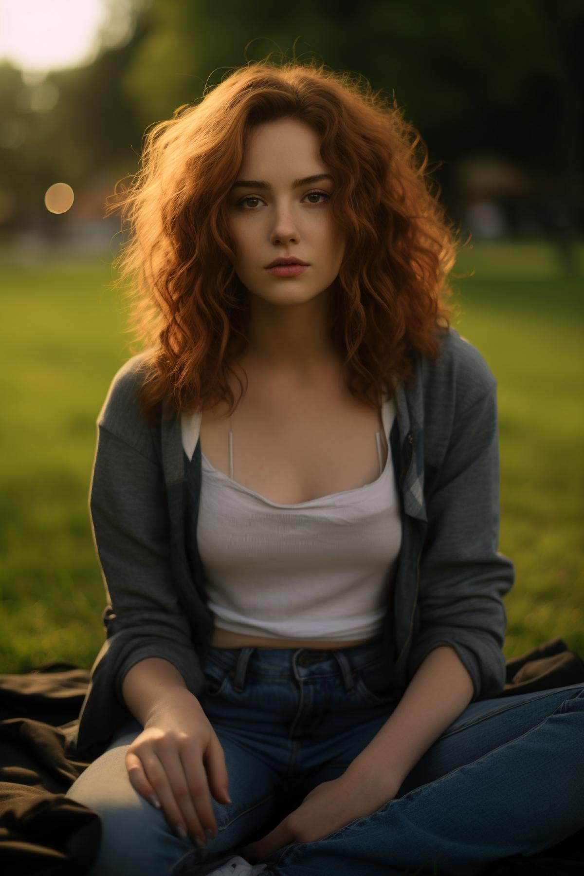 girl 20 years old in jeans and t-shirt sitting on blanket on grass, in the style of ethereal images, uhd image, tokina at-x 11-16mm f/2.8 pro dx ii, the san francisco renaissance.